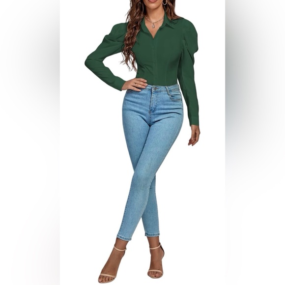 Collar Button Down Puff Long Sleeve Bodysuit Green Size M - Picture 12 of 12